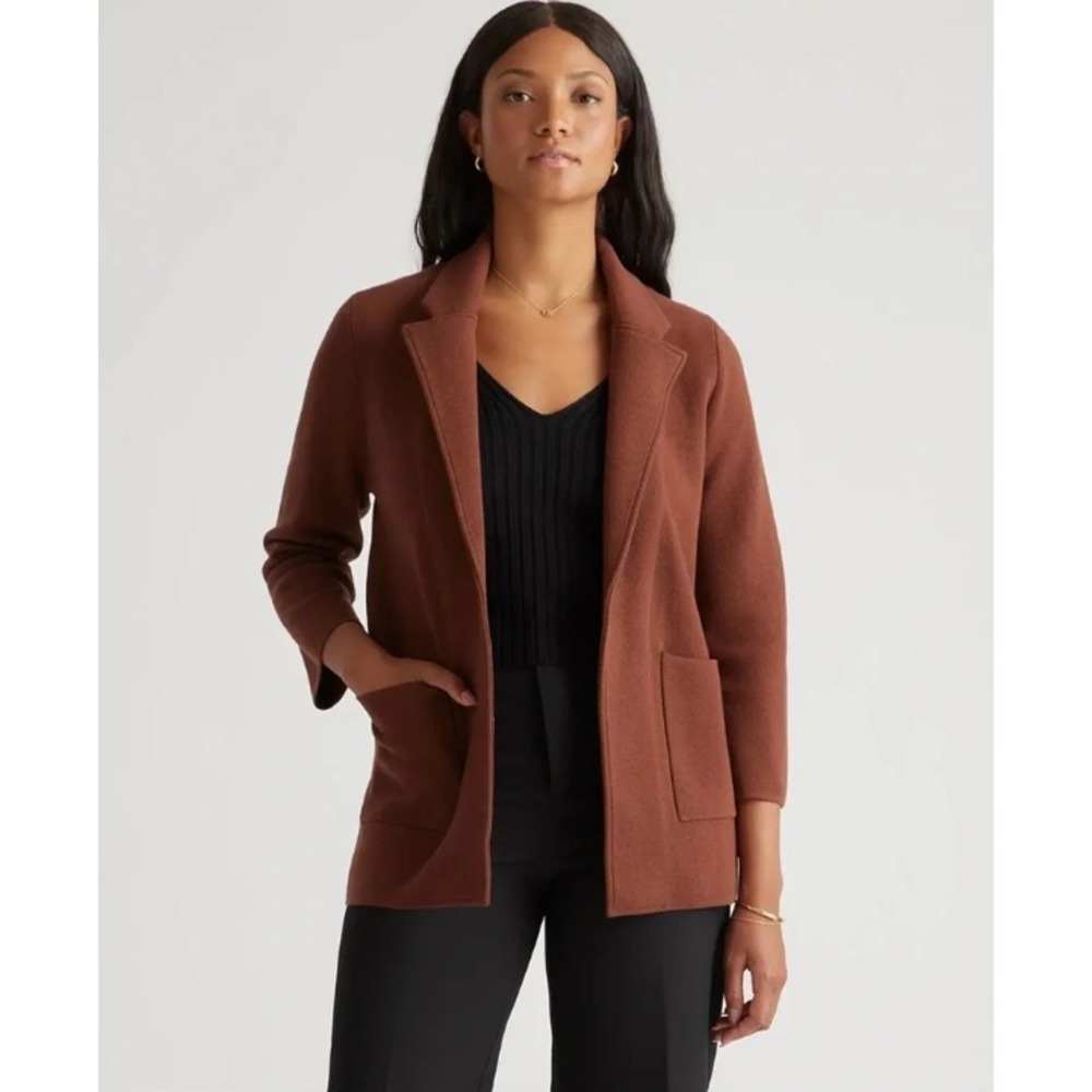 Quince Womens 100% Organic Cotton Knit Blazer Open Front Cappuccino Brown XL